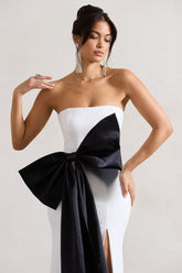 White Bandeau Split Maxi Dress With Oversized Black Bow
